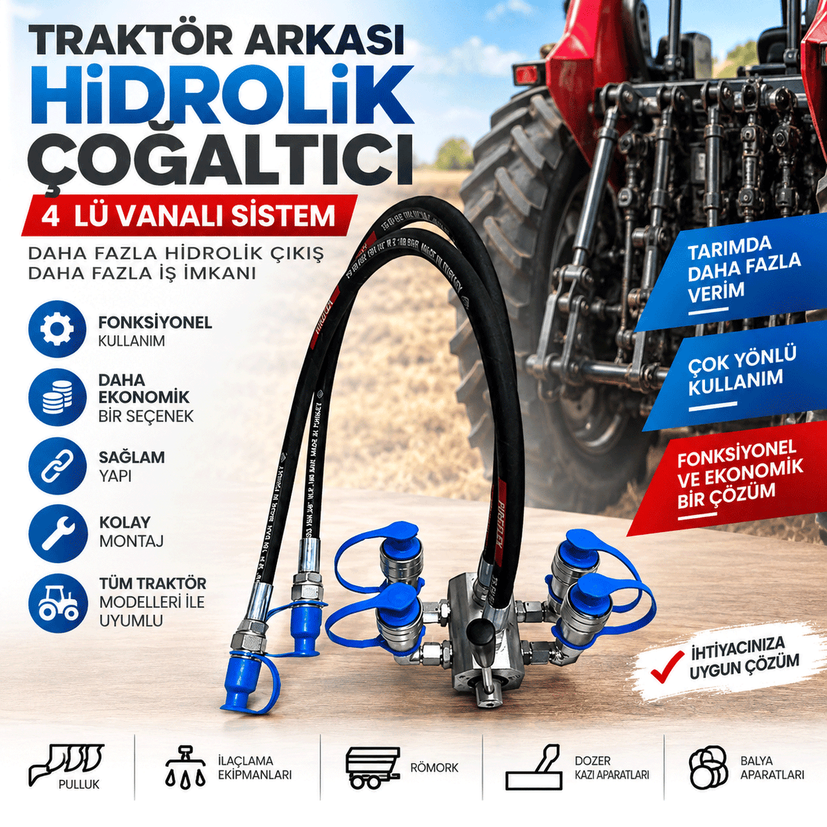 Vanalı Traktör Arkası Çoğaltıcı 4 çıkışlı